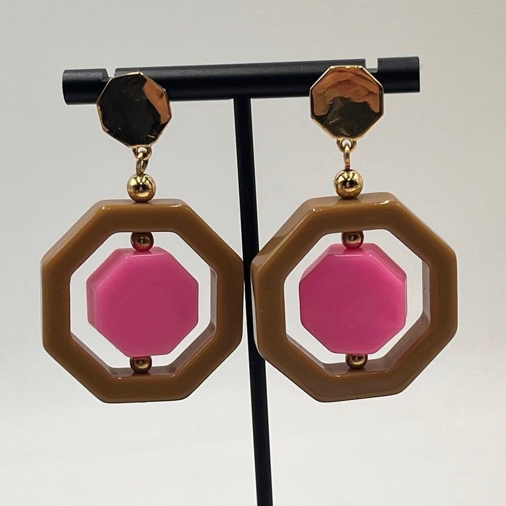 Kate‎ Spade Pink Brown Resin Plastic Geometrical Hexagon Drop Pierced Earrings